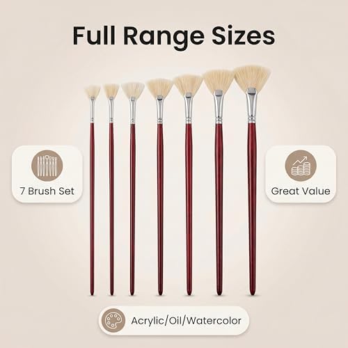 Fan Brush for Painting, 7-Piece Fan Brushes for Artists | 7 hog bristle fan brushes with birch handles for artists painting acrylic, oil & watercolor at home, school or studio.