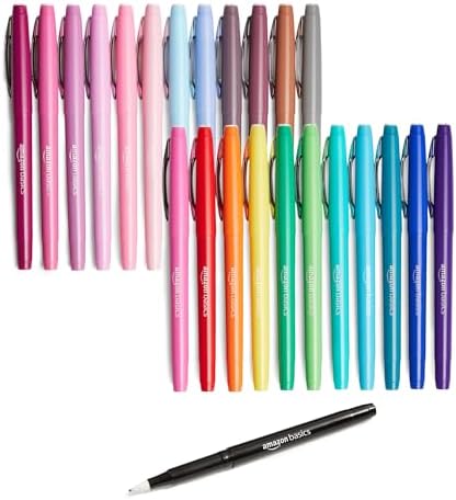 Amazon Basics Felt Tip Marker Pens, Assorted Colors, No-Fray Felt Tip, Smear-Proof, for Writing, Drawing, Journaling and Note Taking, 24-Pack