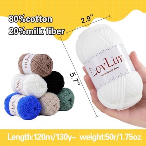 Yarn Pack, 6 skeins of 50g Each, Soft Cotton Yarn for Crochet and Knitting, Craft DK Amigurumi Yarn (Six White)
