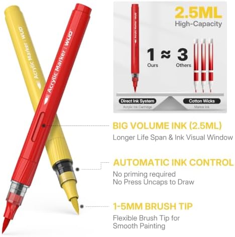 WUO 84 Colors Acrylic Paint Markers Brush Tip with Automatic Ink Control