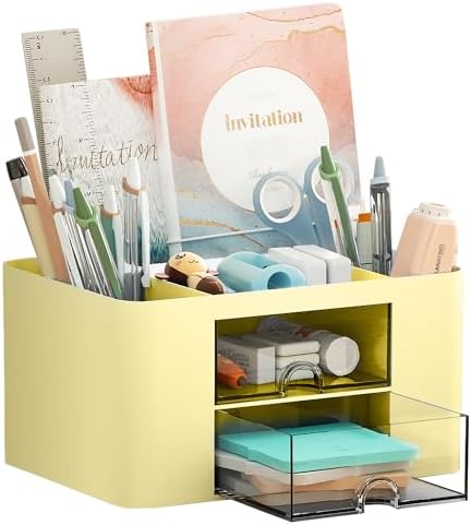 Marbrasse Pen Organizer with 2 Drawer, Multi-Functional Pencil Holder for Desk, Desk Organizers and Accessories with 5 Compartments + Drawer for Office Art Supplies (Yellow)