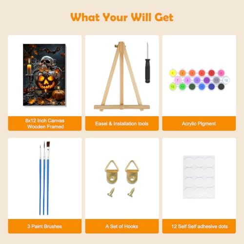 MOGTAA Halloween Paint by Numbers Kit for Adults Beginners with Frame, Skull Adult Paint by Number Kits on Canvas with Easel, Easy DIY Pumpkin Oil Painting Kits for Home Decor, 8x12in