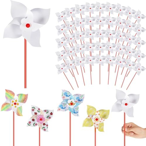 Simgoing 300 Pcs DIY Pinwheels for Kids Party Favor Paper Summer Craft Kits Bulk White Pinwheels for School Art Group Activities Scare Birds Garden Party Supplies 250th Anniversary July 4(5.12 Inch)