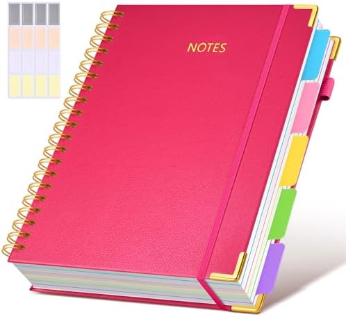 Hardcover Spiral Notebook 8.5"x11" Journal with Removable Dividers Tabs, 300 Pages Leather 5 Subject Notebook College Ruled, Large A4 Notebooks for Work School, Lined Journal for Women, A4 Rose