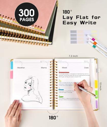 Hardcover Spiral Notebook Journal with Removable Dividers Tabs, 300 Pages Leather 5 Subject Notebook College Ruled, 8"x10" Large Notebooks for Work School Note taking, Lined Journal for Women, White
