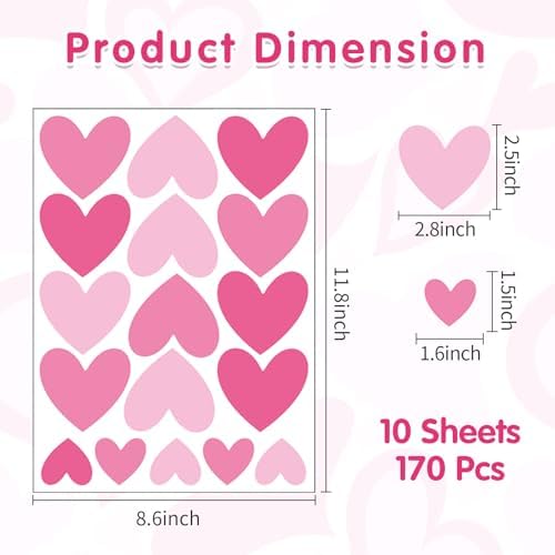 AOWDIAO 170 Pcs Heart Wall Decals - Peel and Stick Pink Decor for Girl Bedroom, Nursery, Playroom Decoration