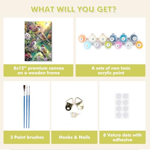 Bowetile Paint by Numbers Birds Kit for Adults, Framed Painting by Numbers Animal, Adults' Paint-by-Number Kits on Canvas, Acrylic Flower Number Painting Gifts for Home Wall Decor, 8x12in