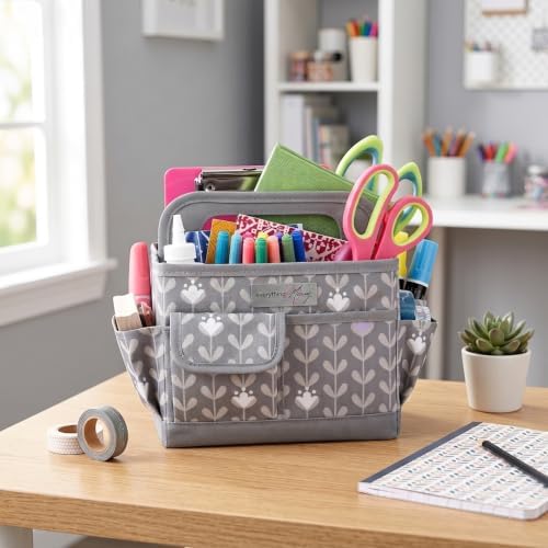 Everything Mary Desktop Tote Organizer – Purple & Grey Floral Craft Caddy – Storage Bag for Art Supplies, Sewing, Scrapbooking & DIY Tools – Portable Craft Organization