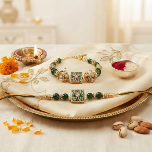 Handmade Premium Couple Rakhi Gift Set | Green Traditional Charm with Unique Design Rakhi Combo | Includes Roli Kumkum & Chawal | Traditional Raksha Bandhan Gift for Bhaiya Bhabhi, Brother & Sister