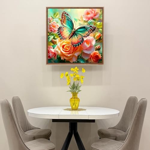 TYPUSOK Butterfly Diamond Art Kits for Adults,Round Full Drill 5D Diamond Painting Kits for Beginners,Flower DIY Diamond Dots Pictures Gem Art Kit,Home Wall Decor 13.78x13.78in