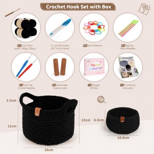 Aeelike Crochet Basket Kit for Beginner,Black Round Basket,Gift Box Package