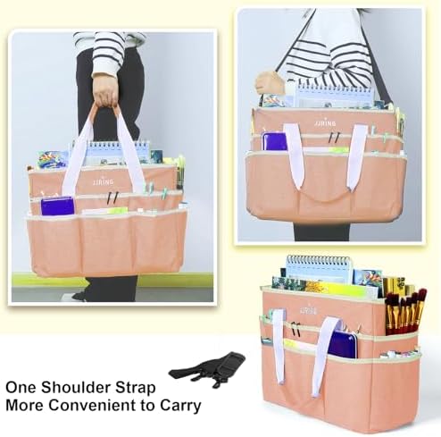 JJRING Craft Organizer Tote Bag Large Art Storage Caddy Beige | With Multiple Pockets For Sewing, Scrapbooking, School, Medical, And Office Supplies