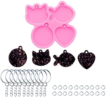 1pc Shiny 4 Cavity Pet Cat Tag Mini Cat Head/Fish/Circle/Heart Resin Silicone Molds Art DIY Handmade Charms Mold with 10PC Key Ring(DY0978)