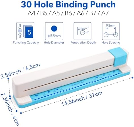 2 Pcs/Sets 30 Holes Binding Punch and Tab Machine, Loose Leaf Paper Punch Machine for Planner, A4 A5 A6 A7 B5 B6 B7 Book Binder Hole Puncher, DIY Tab Maker for Journals Notebooks Scrapbook Albums
