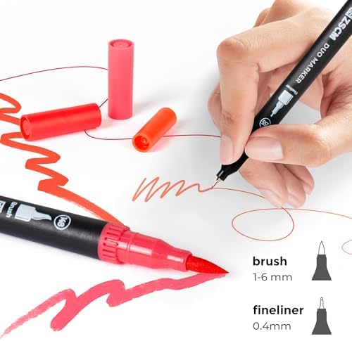 Red Duo Tip Marker Pens, 12 Fine & Brush Tip Pen For Adult Coloring Books