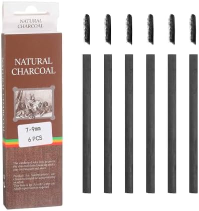 MECCANIXITY Willow Charcoal Sticks, 7-9 x 135mm Willow Charcoal Pencils Soft Sketch Vine Art Supplies Set for Drawing Sketching Shading Painting Artists Beginners (Black, Pack of 6)