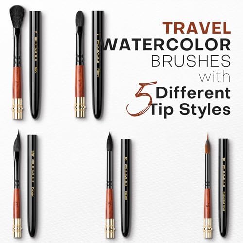 Fuumuui Travel Watercolor Brushes, 5Pcs Professional Plein Air Elegant Natural Squirrel Hair Travel Paint Brush Set with Sable Extended Needle Point Perfect for Watercolor Gouache Ink Painting