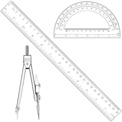 3 Pcs Clear Protractor and Compasses Set, Plastic Clear Ruler 12 Inch | Professional Geometry Set, 6 Inch Protractor ,Durable Transparent Drawing Measuring Rulers for School Office