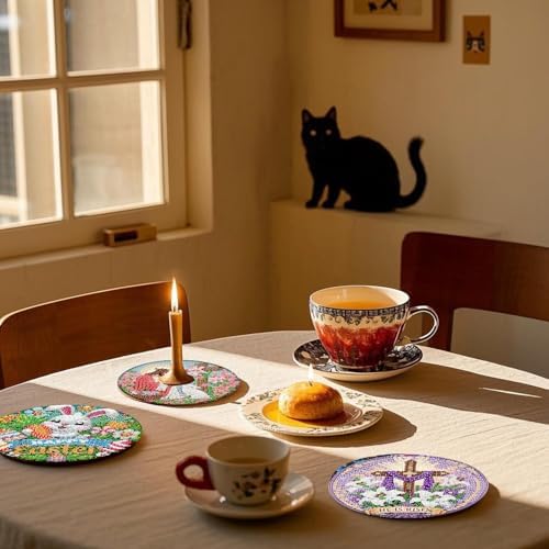 NEGEKFKX 8 Pcs Easter Diamond Art Painting Coasters Kits,Christianity Coaster with Holder for Adults, Non-Slip DIY Dot Paint Craft Kits,5D Full Drill DIY Diamond Dot Gem Art Kit Home Decor Arts Craft