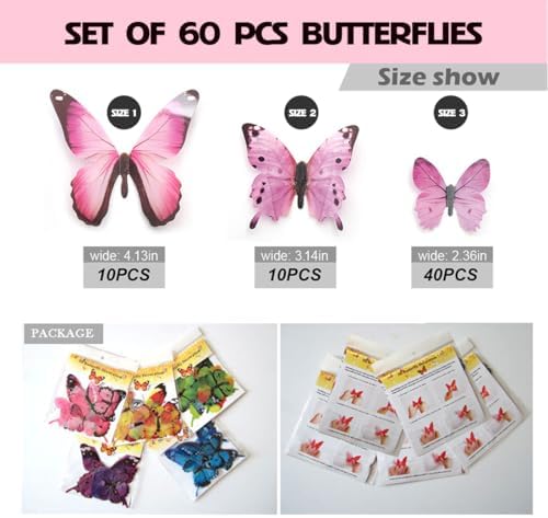 Butterfly Wall Stickers - 60 pcs 3D Butterflies Removable Mural Wall Stickers for Home Room Bedroom Decorations