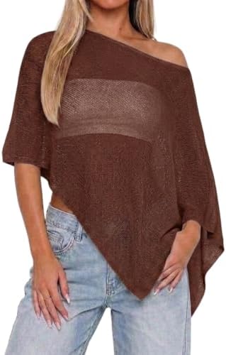 Womens Sheer Poncho Tops Lightweight Knitted Shrug Crochet Mesh Cover Up Summer Beach Shawl