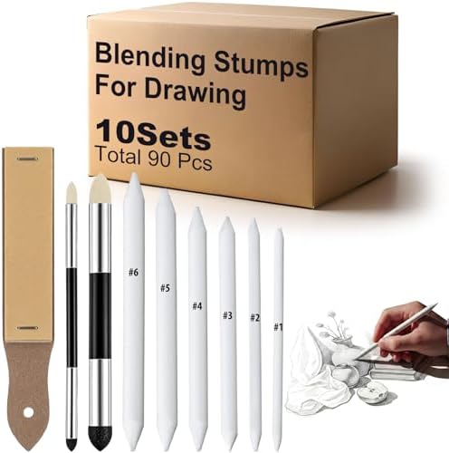 Fulmoon 90 Pcs Blending Stumps Tortillions Set Professional Drawing Tools Blending Sponge Pens Pencil Sharpener for Sketching, Charcoal Art Bulk Pack for Schools Artists