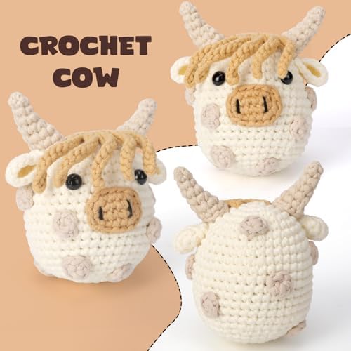 CrochetBox Crochet Kit for Beginners Adults - Polka Dot Highland Cow Starters Crochet Kit, Crocheting Kitting for Adults Teen, Craft Gifts with Crochets Yarns, Hook, Step-by-Step Video, Instruction