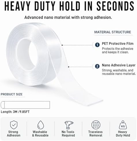 Nano Tape Double Sided Heavy Duty 1''×10Ft Removable Washable No Residue