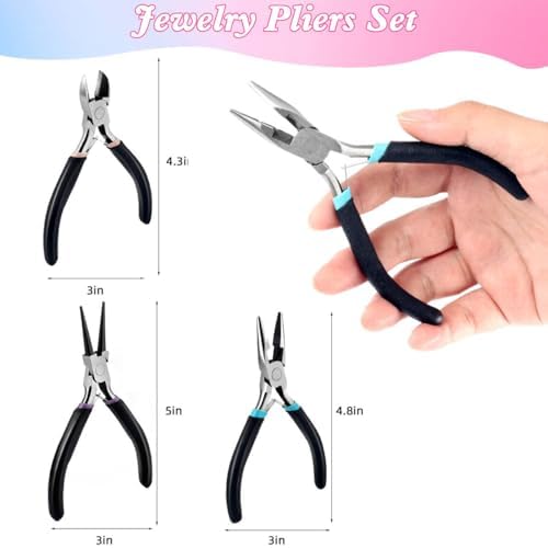 URSKYTOUS 3Pcs Jewelry Pliers Set Jewelry Making Pliers Tools Kit Include Jewelry Making Needle Nose Chain Nose Round Bent Pliers Wire Cutter for Bracelet Beading Craft Jewelry Making Supplies (Black)