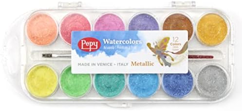 Pepy Watercolor Paint; Set of 12 Colors; Includes Brush & Closable Mixing Tray, Metallic Pearlescent Multicolor
