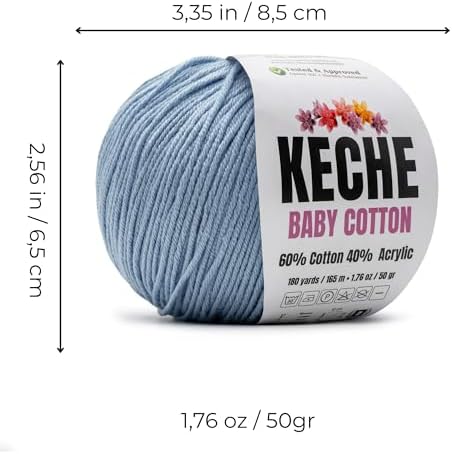 Keche Baby Cotton, 60% Cotton 40% Acrylic Yarn, Soft Cotton Yarn for Crochet and Knitting, Amigurumi Yarn 1 Skein/Ball 1.76 Oz (50g) / 180 Yrds (165m) - Light Blue