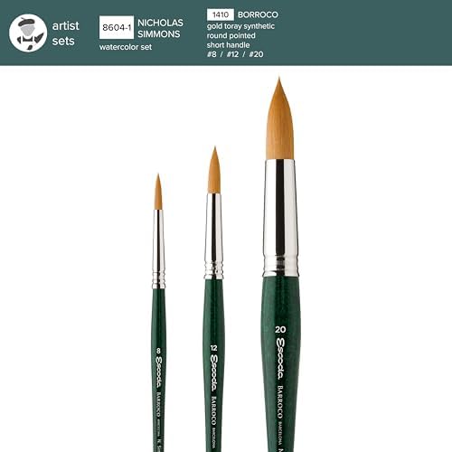 Escoda Signature Series Artist Watercolor Brush Set, Nicholas Simmons Set #1, Barroco Synthetic Gold Toray, Size (Round(8, 12, 20