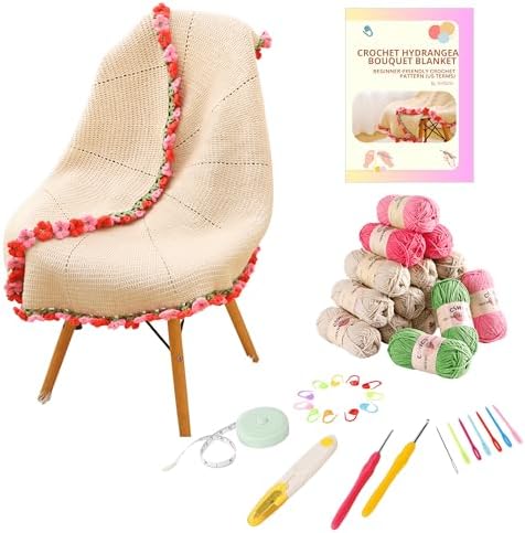CSWCS Crochet Blanket Kit for Beginners, 40 inches Flower Bouquet Shawl Throw Kits for Adults, Learn How to Knitting with Yarn, Hook & Instructions, Gifts for Women Home Decor (Pink-red Hydrangea Kit)