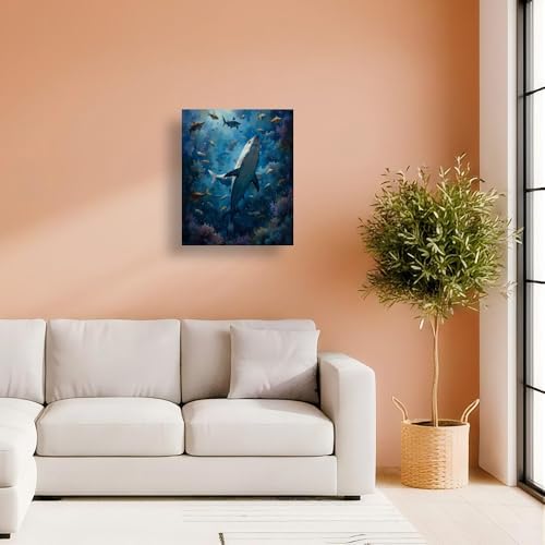 Underwater Adventure Paint by Numbers Kit for Adults - DIY Shark and Fish in Ocean Scene Painting on Canvas 16X20IN framed, Acrylic Paint Set, Suitable for Beginners, Art for Home Decoration/Gifts