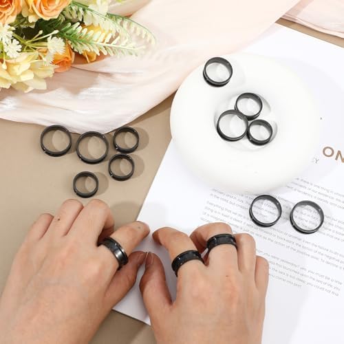 Ring Blanks, 14 Pcs Stainless Steel Finger Rings Grooved Core Inlay Blank Rings US Size 6/7/8/9/10/11/12 Empty Ring Blanks for Jewelry Making Kit Supplies (Black)