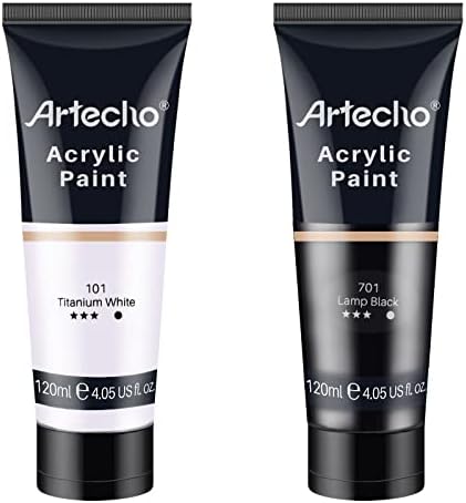 Artecho Titanium White and Lamp Black Acrylic Paint 120ml /4.05oz Tube | Semi Glossy Finish, High Pigment Rich Color Craft Paint for Canvas, Rocks, Wood, Fabric, Ceramic, Non-Toxic