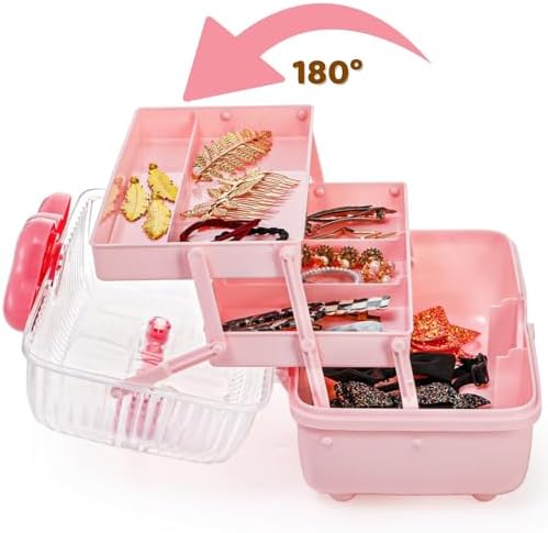 Noamus 11" Three-Layer Multipurpose Storage Box, Clear Plastic Art Craft Organizer, Portable First Aids Case with Handle Trays for Kids, Sewing Makeup Nail Hair Accessories, Home School Office(Pink)