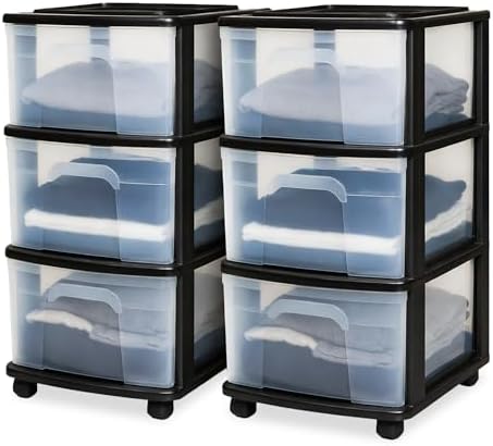 HOMZ Drawer Tower 3-Tier Storage Cart, Removable Wheels, Black Frame,2 Pack