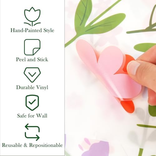 AOWDIAO Floral Wall Decals - 102 Pcs Peel and Stick Vinyl Flower Stickers - Assorted Varieties & Colors for Bedroom, Kids’ Rooms, Nursery, or Living Room Decor