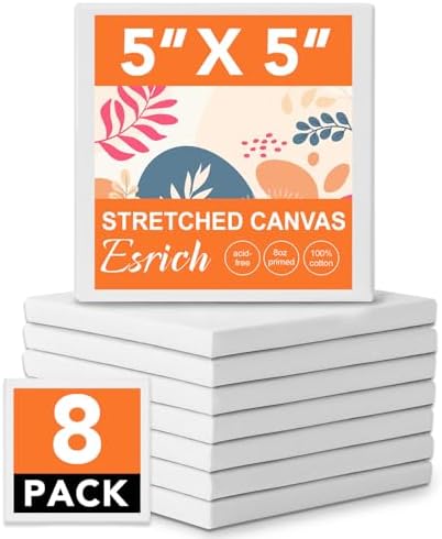 ESRICH 8 Pack Mini Canvases for Painting 5x5In, 2/5''Profile Small Square Canvases, Primed Cotton Small Stretched Canvas for Kids' Painting Supplies Such as Painting Parties,School&Home Decor Projects