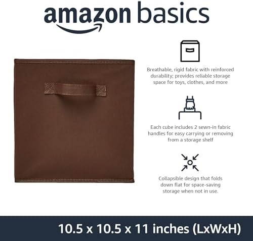 Amazon Basics Collapsible Fabric Storage Bins with Handles, Cube Organizer, Lightweight Fabric, 10.5"x10.5"x11", Brown, 6-Pack