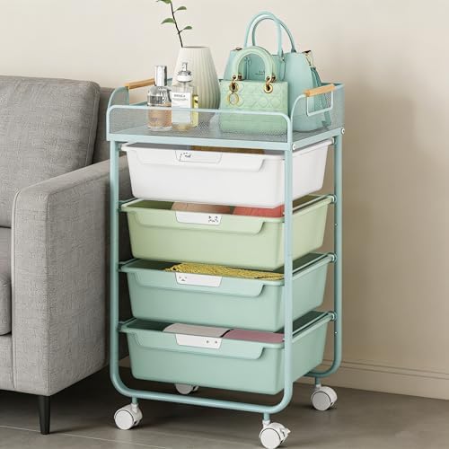 SYKIARIOL 4-Drawer Rolling Storage Cart with Mesh Top,Green