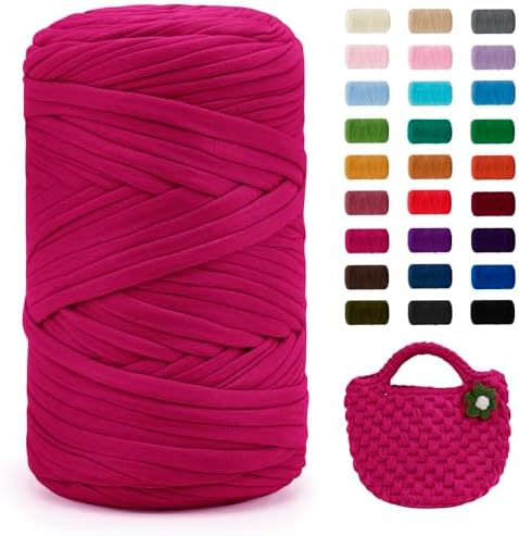 JeogYong T-Shirt Yarn, 400g/131 Yards Elastic Fabric Crochet Cloth T Shirt Yarn, Thick Hand Knitting Polyester Fabric Ribbon for Crocheting Bags/Baskets/Rugs, Home Decor, DIY Crafts (Rose Red)