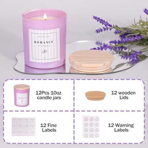 12Pcs Assorted Purple Candle Jars for Making Candles, 10oz Empty Jars with Bamboo Lids and Labels, Glass Candle Jars for Candle Making Supplies, Candle Containers for DIY Gifts