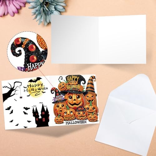 antor 6 Pack Halloween Pumpkin Diamond Painting Card Kits, DIY 5D Rhinestone Halloween Diamond Art Greeting Cards with Envelopes, Handmade Pumpkin Diamond Art Craft Kits for Adults Beginners