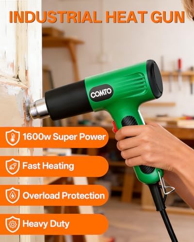 Heat Gun, 1600W Hot Air Gun with 2 Heat Settings, Green | 752°F/1112°F Dual Heat Control, 4 Metal Nozzles, Overheat Protection, PA66 Housing, 1.1lb Lightweight Design, Non-Slip Grip