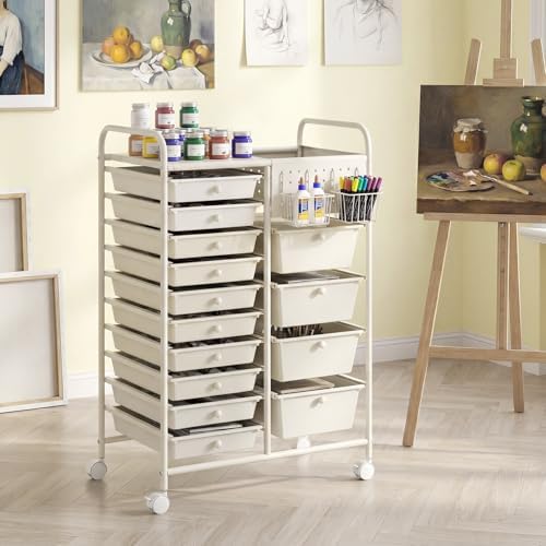 GOFLAME 14-Drawer Rolling Storage Cart with Pegboard, Craft Storage Cart with Lockable Wheels and Metal Frame, Multifunctional Art Cart Supply Storage Organizer for Home Office Classroom, White