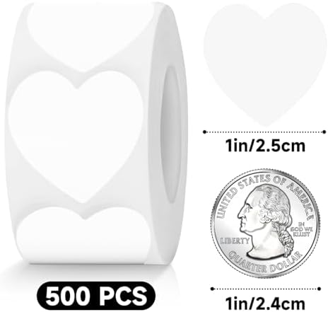 Anwyll Heart Stickers - 500Pcs 1Inch Valentines Day Heart Stickers White Heart Shape Sticker for Reward Classroom Self Adhesive Love Incentive Sticker for Envelope Seal Card Birthday Wedding Favors