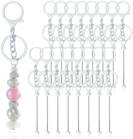 28 Pcs Beadable Keychain Bars - Keychain Making Kit Bulk - Metal Beaded Keychains for Crafting - Diy Key Chain Supplies - Blank Keychains Bars for Beads - Beadable Items (White)