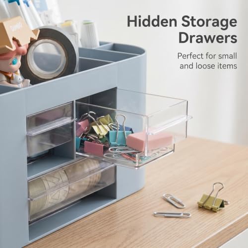 School Supplies Organizer with Drawers, Pen Holder, Blue